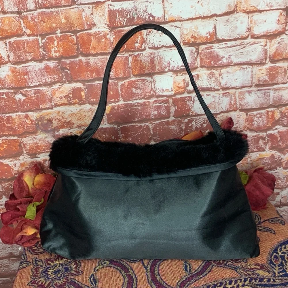 Satin Black Faux Fur Trimmed Retro Rhinestone bow Accented Clutch